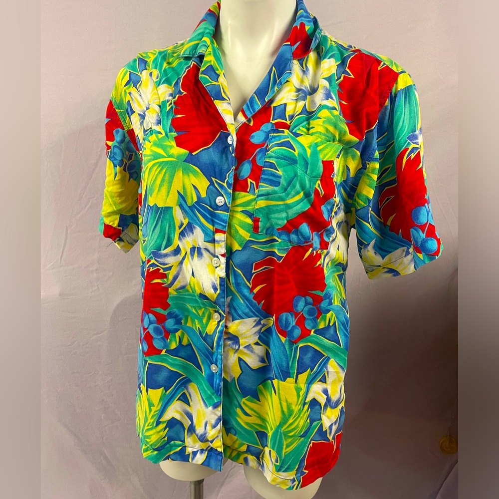 Preowned Vintage French Navy Hawaiian Button Up Shirt Men's M 10-12